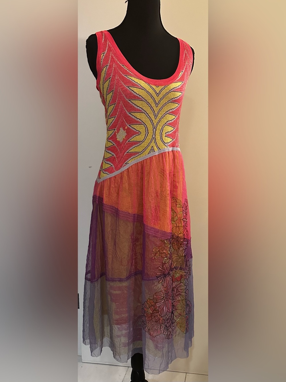 Spectacular Save The Queen Midi Dress with Mesh Overlay Skirt. Size L